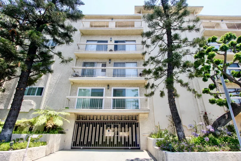Street view of apartment building in Century Manor community in Westwood, CA.