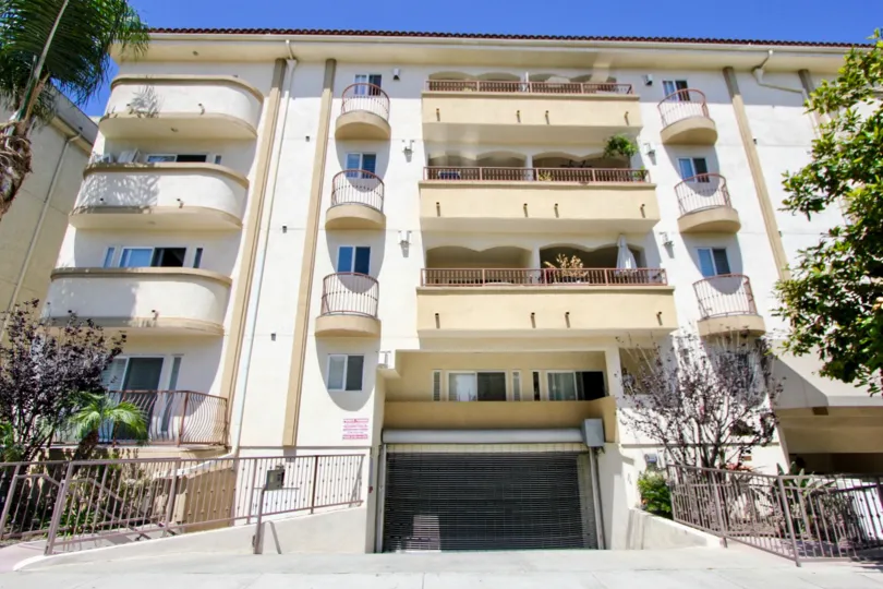 A sun filled afternoon over the balconies and garage of Glendon Terrace in Westwood.