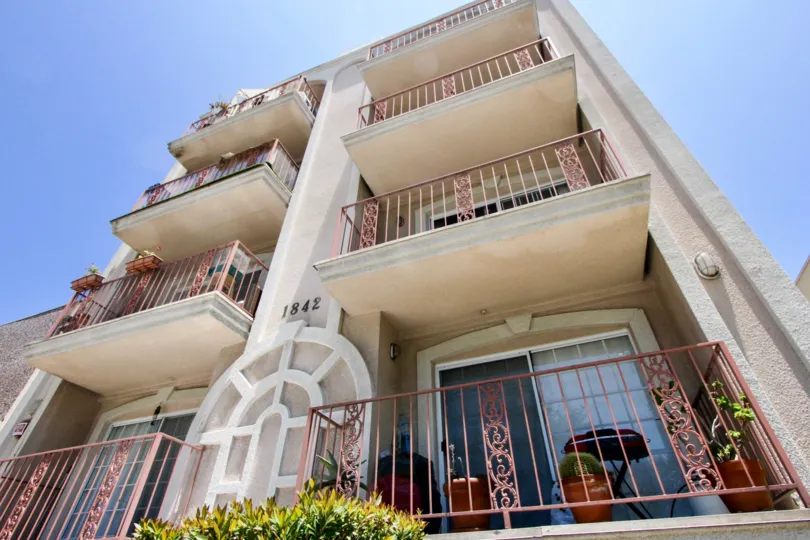 The sun shines on the balconies of Greenfield Marquis residences in Westwood, California.