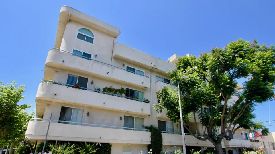 Upward shot of Midvale Court with her clear skies, Westwood, California