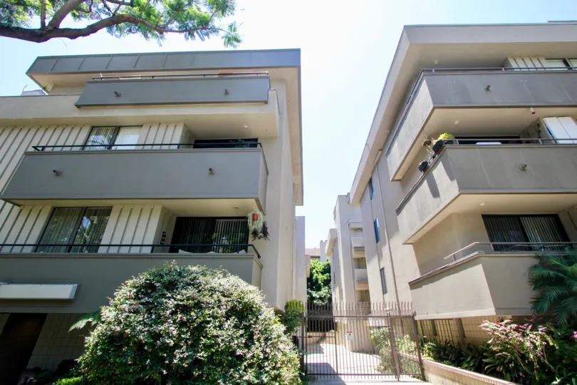 Two houses in Parkview North, Westwood, CA, with balconies, a gate, bushes, and windows