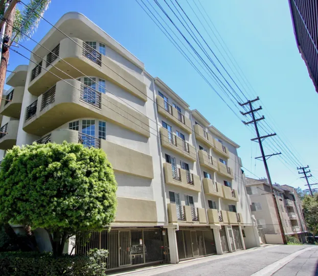 A tall, tan building in the Selby Regency neighborhood with many balconies and electricity poles