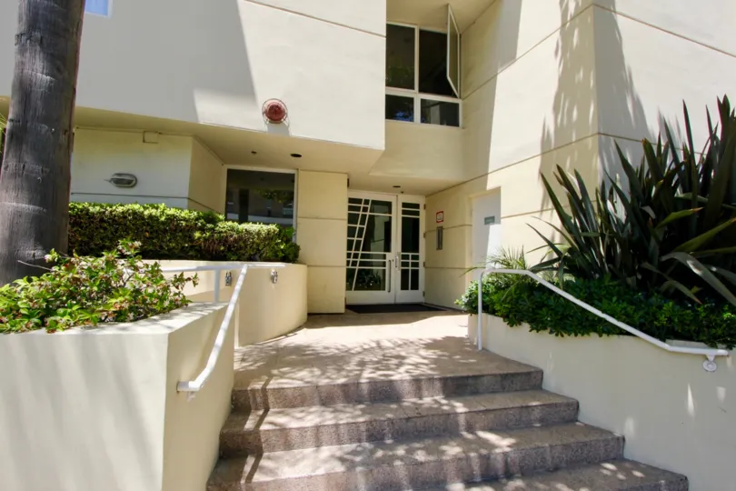 View from the sidewalk of The Enterprise Condominium building in Westwood, CA.
