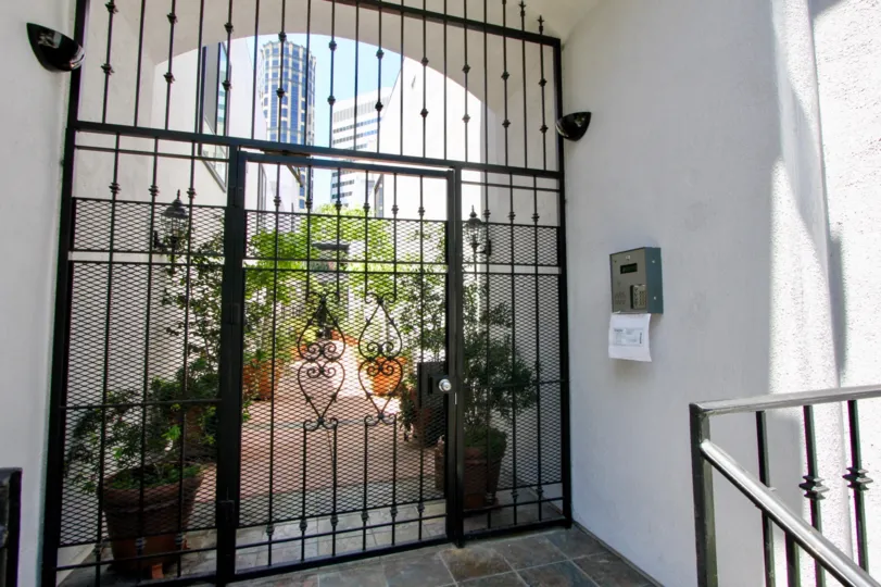 Details shot of the Security System and Entrance to Westwood Center Townhomes, Westwood, California