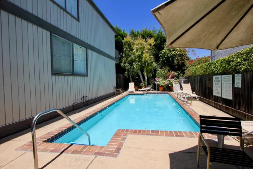 A SWIMMING POOL LOCATED AT OUTSIDE OF THE BUILDING SOME PLANTS SURROUNDING THE POOL AND A SITTING CHAIR ALSO THERE