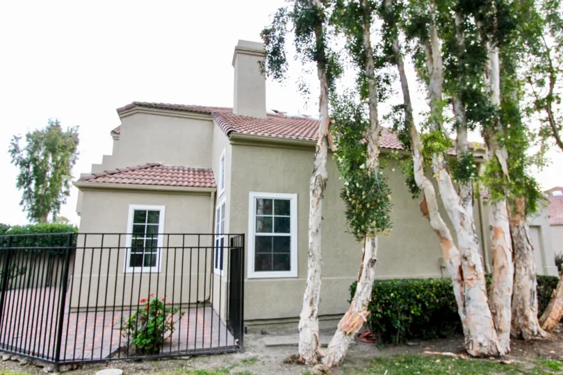 An olive green California Renaissance home with old, pictureseuqe trees in the yard.