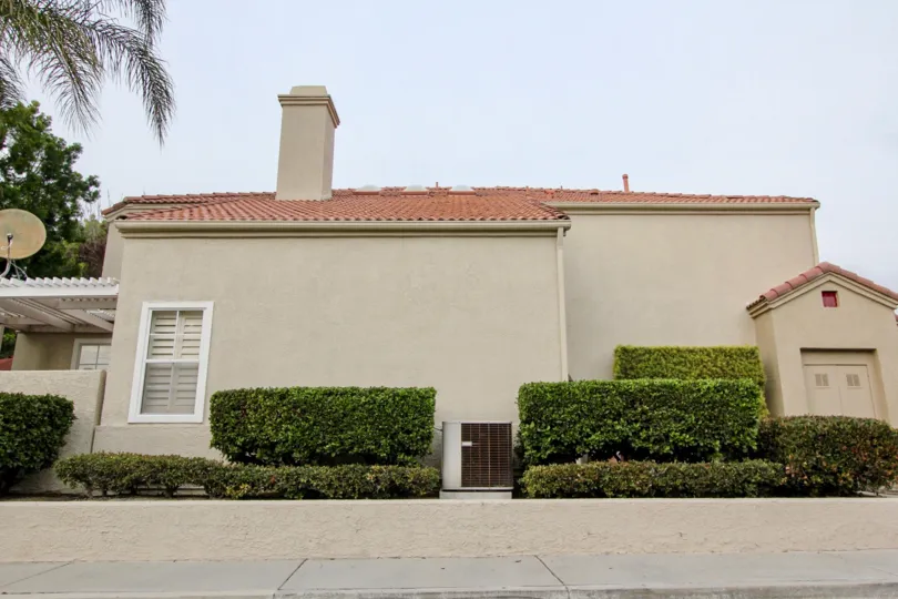 A sunny day in the California Renaissance with a small house and plants.