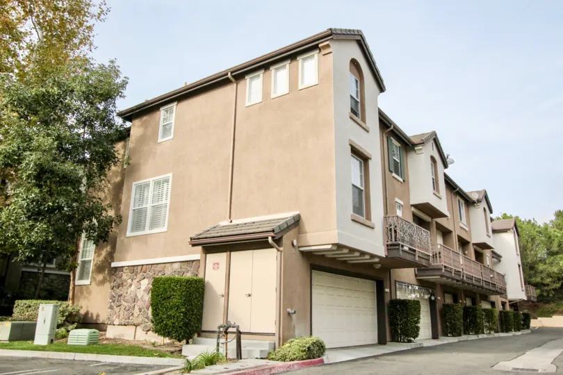 Contemporary style townhomes with double and single car garages and mature trees at Camden Park