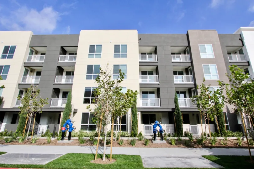 Modern looking apartment style condos with new trees and large sidewalk at City Walk