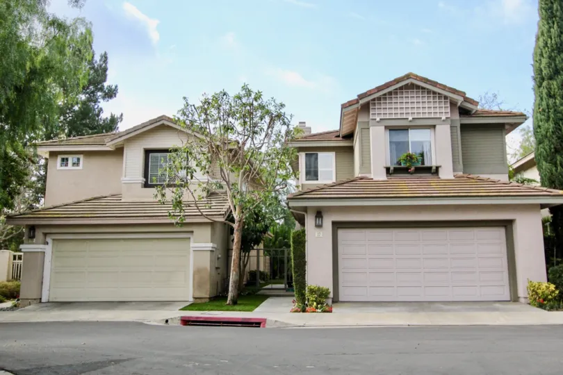 The Cottages neighborhood of Aliso Viajo features two story homes with garages such as these.