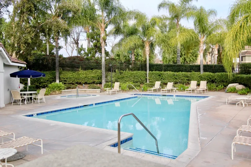 Large pool area with privacy hedges, lounge chairs, and jacuzzi.