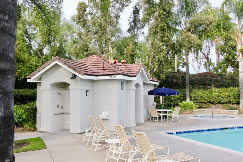 THE 22676 HOUSE IN THE HAMPTONS WITH THE SWIMMING POOL, TABLES, UMBRELLA, TREES, PLANTS