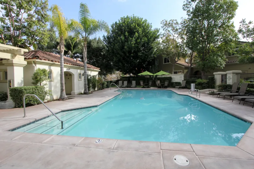 THE VILLAS IN THE MONTELENA WITH THE SWIMMING POOL, CHAIRS, UMBRELLA, TREES