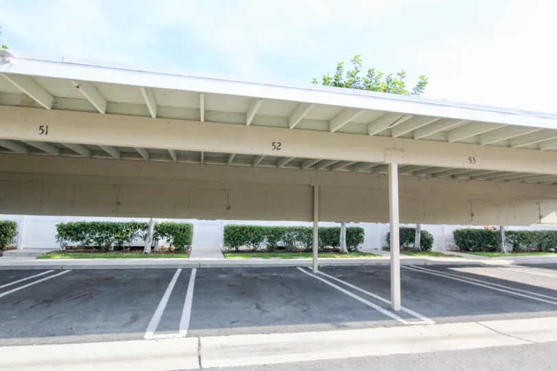 A covered carport, lined with bushes, in the Morningside Terrace area.