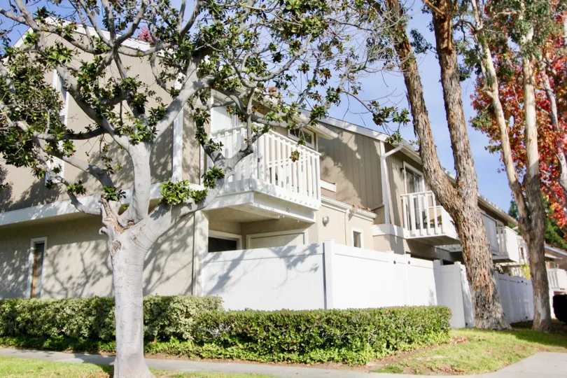 A sweet wight color building in the Morningside with some shrubs and tree.