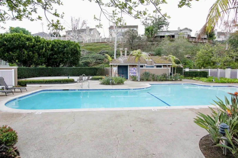 THE FLAT IN THE CANYON POINTE WITH THE SWIMMING POOL, CHAIRS, PLANTS, TREES