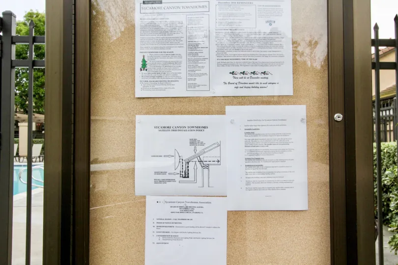 In Notice board of the Apartment in Laurelwood at Sycamore Canyon has four papers that define the Townhomes