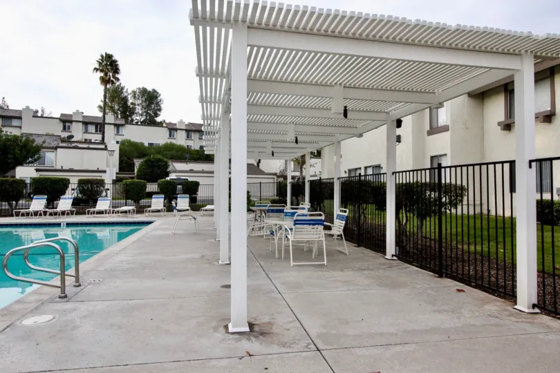 THE FLAT IN THE RANCHO YORBA WITH THE SWIMMING POOL, CHAIRS, LAWN
