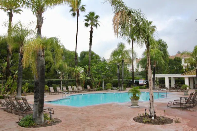THE BUNGLAOW IN THE VIEWPOINTE WITH THE SWIMMING POOL, CHAIRS, PLANTS, TREES