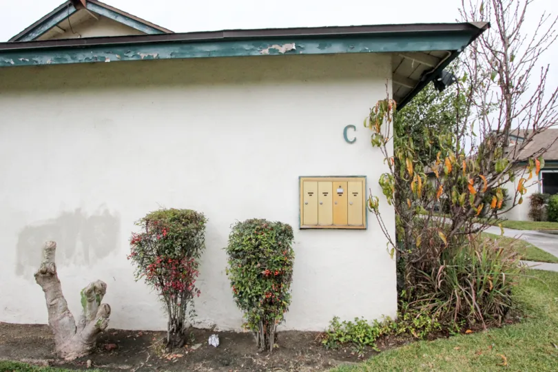 THE SIDEVIEW OF VILLA MARKED AS C, LAWN, CROTONS, PATHWAY, ARE THERE IN ANAHEIM CITY
