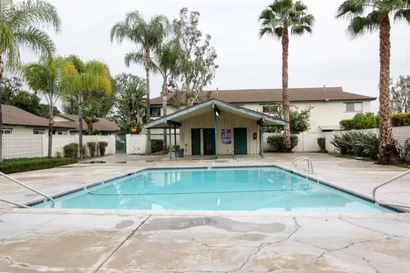 An empty pool in 1152 North West community surrounded by brown houses.
