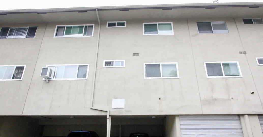 Simple gray slab complex in Anaheim Village I, Anaheim CA