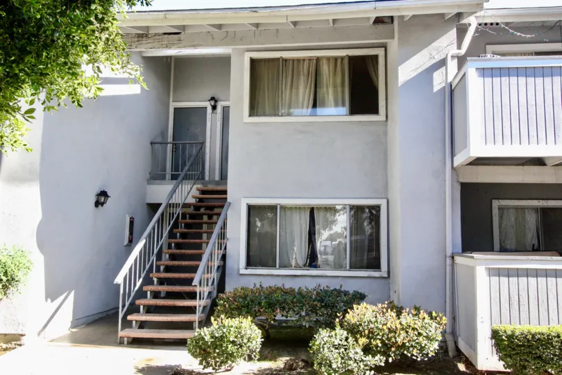 A two story apartment complex in the Brookhurst village community in Anaheim, California.