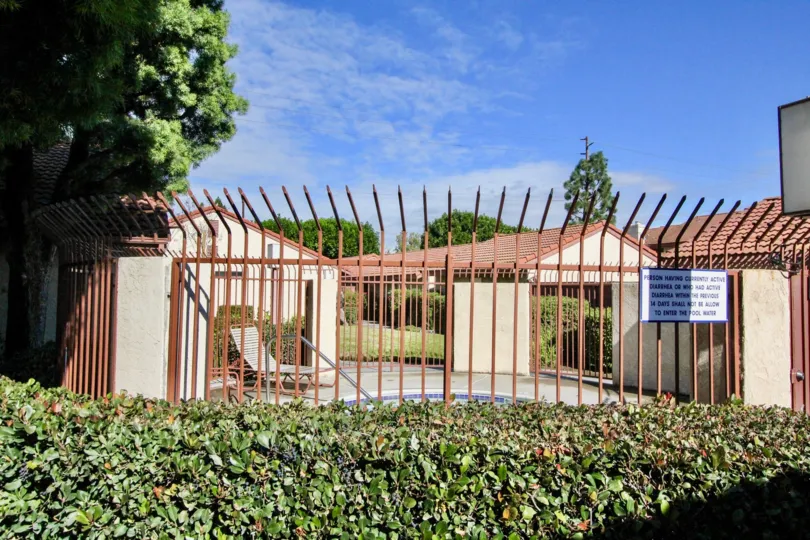 A sunny day in cameron court with fence home, tress and plants