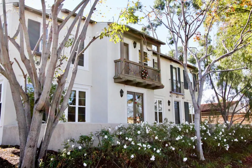 Blooming white flower bushes on the side entrance of the Cantada Square in Anaheim, California.