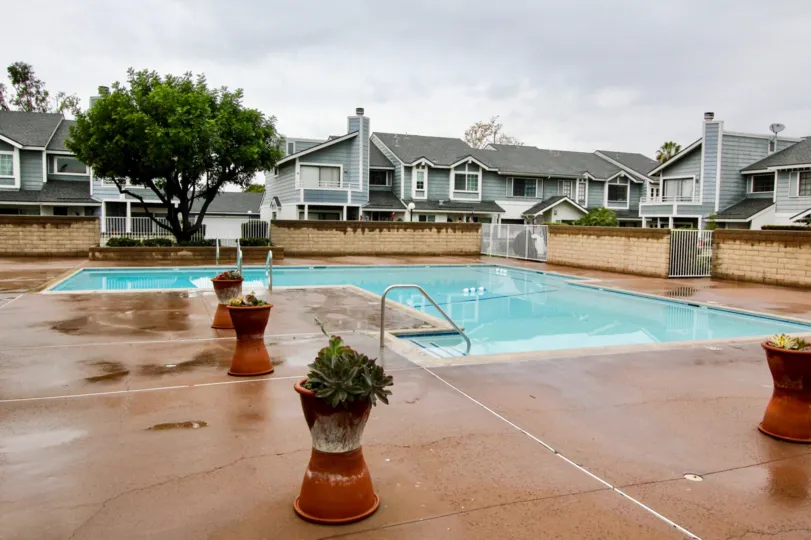 a pool surrounded by potted plants and white iron gates at Carbon Creek
