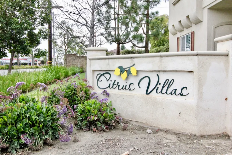 The sign of the community of Citrus Villas featuring lemons