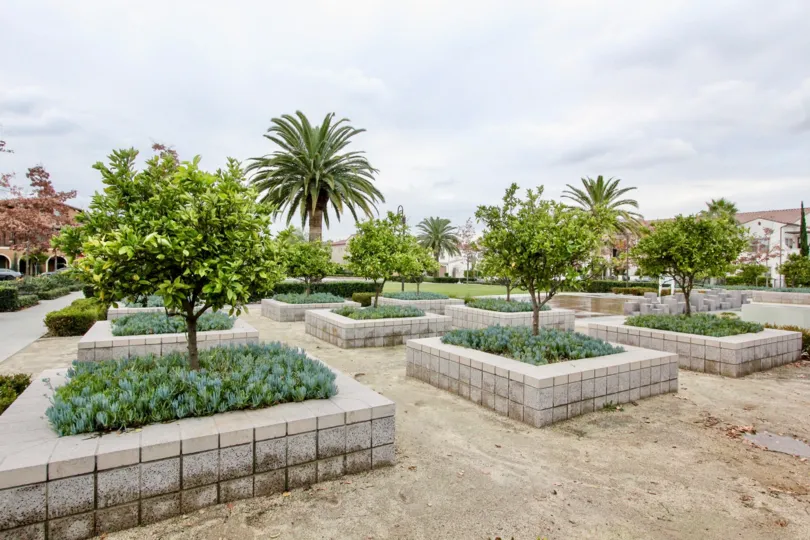 A public park in the Colony Park community with raised square planters.