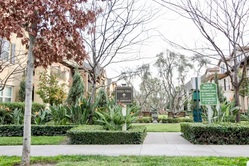 Street board is placed near the parkway with cutted bushes and seating benches in Colony park