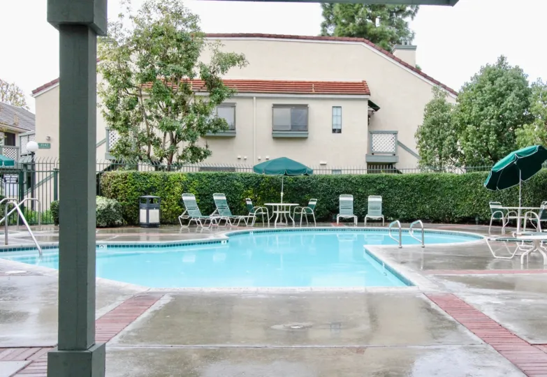 Evergreen Village community pool on a wet day in Anaheim California.