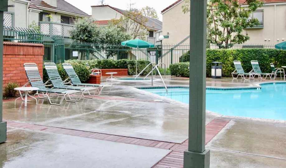 Awesome swimming pool between villas with sitting and garden in Evergreen Village of Anaheim