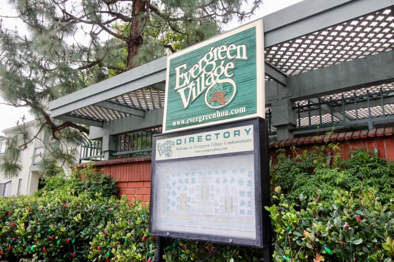 The directory signage at the entrance to the Evergreen Village in Anaheim