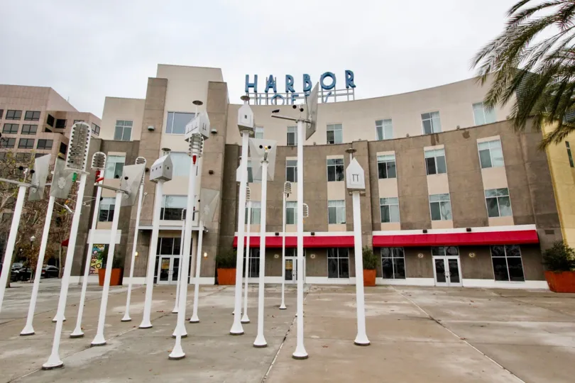 Harbor Lofts drapped below the cloudy skin of the nature at Anaheim, California.