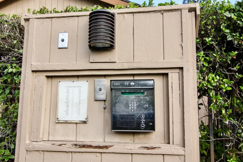 The callbox in the front of Laurelwood Village in Anaheim, California.