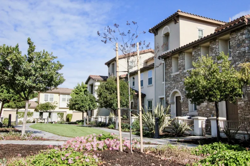 a warm day in the magnolia lane with a building that has roofless top and stone walls and garden around