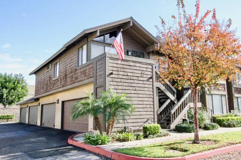 A row of garages and a building in the Sutter Creek Townhomes community