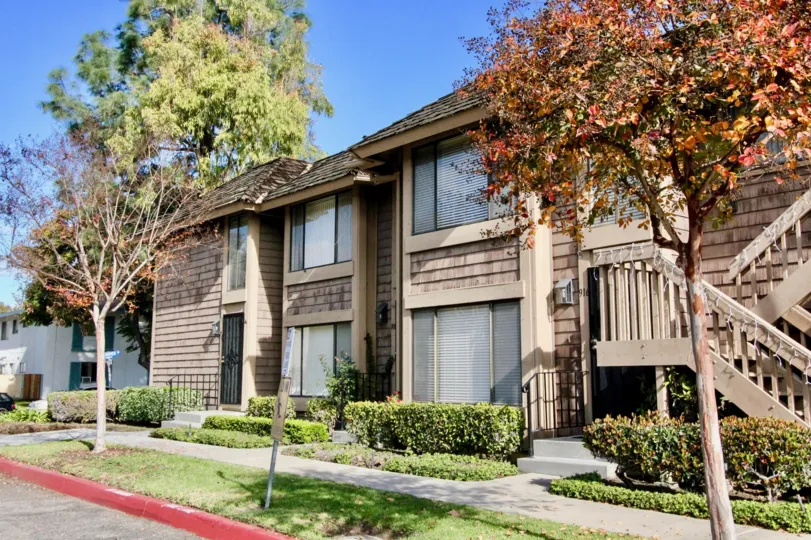 a warm day in the sutter creek town homes with a house that has roofless top and steps in right and two tall trees in front in garden around