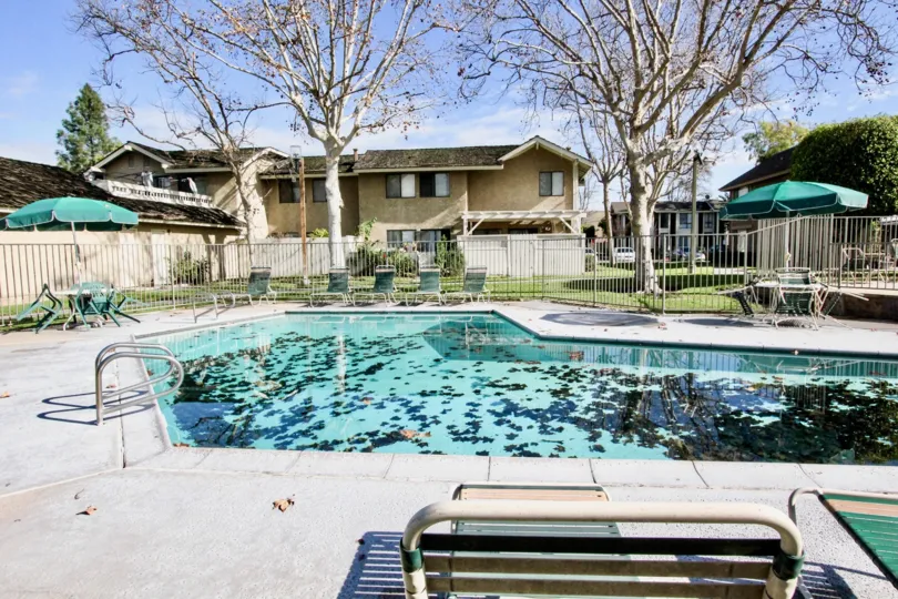 a warn day in the sutter creed town homes with a building that has swiming pool and 3 tall tree in front
