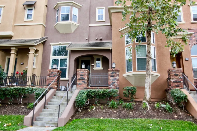 THE LARGE HOUSE LOCATED IN THE DOMAIN, ON THE FRONT LAWN, TREES, SMALL PLANTS, GLASS WINDOWS, LAMPS ARE THERE