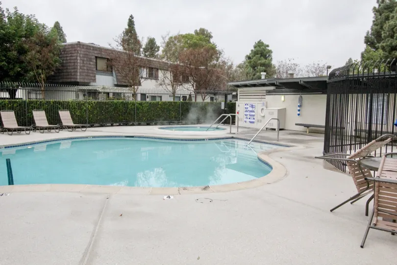 THE SWIMMING POOL WITH LOT OF PLANTS, TREES ARE LOCATED IN ANAHEIM CITY