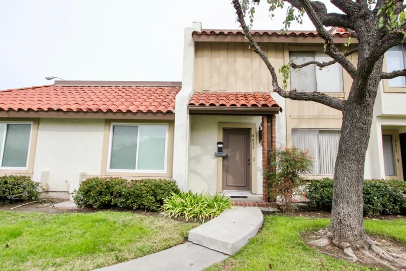 a rainy day in the casitas california with a house that has roofless top and tall tree in front and garden around