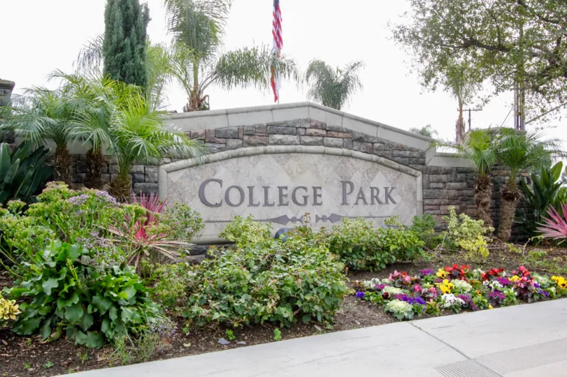 Extraordinary view of park area with flowers and trees in College Park of Buena Park