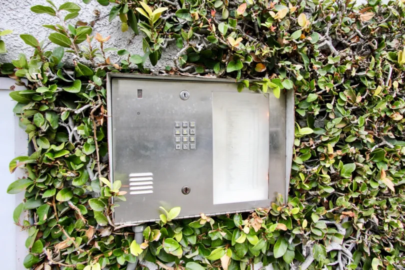 Security phone box is placed between the bushes attached to the wall in Western Bay Estates