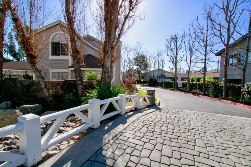 Back Bay Village  street with a guard rail and trees on a sunny day.