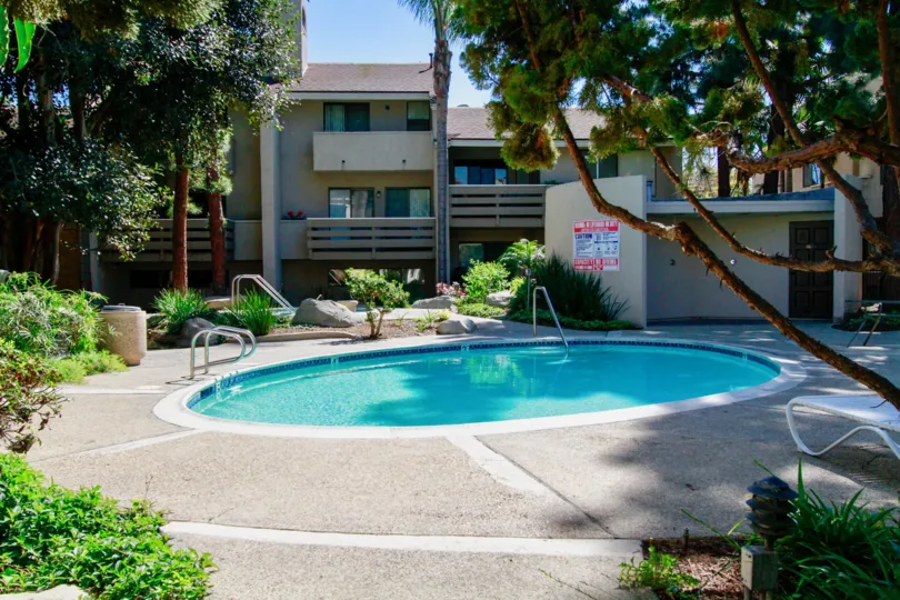 the round and lovely swimming pool which is correctly sutivated in brighton springs of costa mesa in california