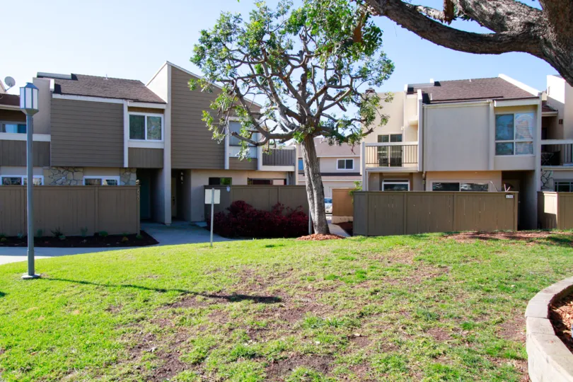 Brookview Costa Mesa California building bown color paint near tree and grasses